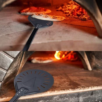 Завъртане на Кора за пица С алуминиева дръжка 9 инча L Метална Кръгла Перфорация Кора за пица С Кожа, за хляб, за пица с Дължина 39 см