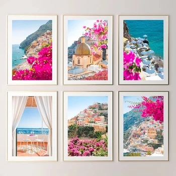 Амальфитанское Крайбрежие на Италия Плажната Печат на Платно Картина на Розови Цветя Годишният Пътен Плакат за Декорация на Хола Начало Декор Снимка