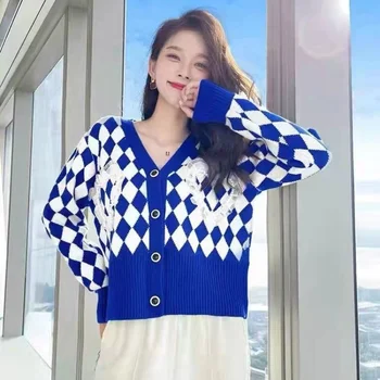 Ромбический пуловер, жилетка палта зима 2022 модерен дизайн мозайка контрастен цвят с дълъг ръкав вязаный жилетка пуловер женски 0