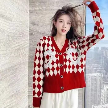 Ромбический пуловер, жилетка палта зима 2022 модерен дизайн мозайка контрастен цвят с дълъг ръкав вязаный жилетка пуловер женски 1