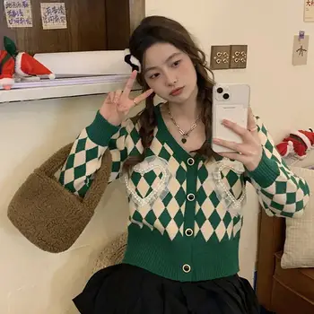 Ромбический пуловер, жилетка палта зима 2022 модерен дизайн мозайка контрастен цвят с дълъг ръкав вязаный жилетка пуловер женски 4