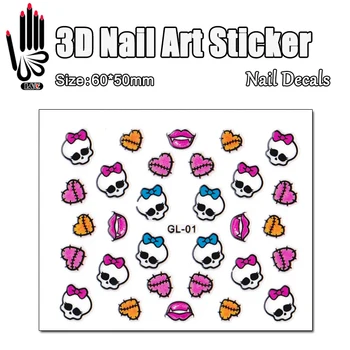 1 Лист 3D Стикер За Дизайн на Ноктите GL01 Monster Highs на Черепа Розово Лък Преводна Стикер За Дизайн на Ноктите Стикер За Декорация на Нокти