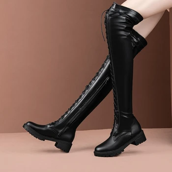 2020 г. Нови пикантни женски ботфорты над коляното дантела, големи размери 33-52, дамски обувки на платформа, високи ботуши до бедрата, zapatos de mujer 2
