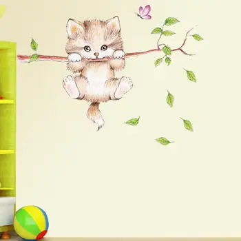 сладък котка пеперуда разклонение на дърво Стикери за Стена за детски стаи, декориране на дома карикатура на животните Стикери за стена diy плакати PVC стенописи изкуство
