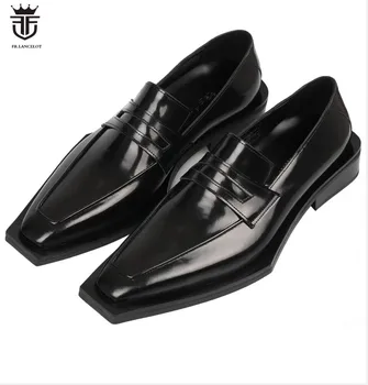 FR.LANCELOT/нови мъжки бели кожени модела обувки с квадратни пръсти, мъжки бизнес обувки с дебел ток, мъжки сватбени и вечерни обувки