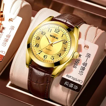WOKAI висококачествени модерни ежедневни мъжки кварцови часовници с кожена каишка от жълто злато, мъжки бизнес спорт цифрови часовници в ретро стил
