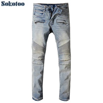 Sokotoo Мъжки класически реколта сини дънки от еластичен деним в байкерском стил за мото Плюс размер лоскутные прилепнали панталони