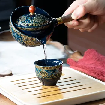 Порцеланов Китайски Чай Gongfu Преносим Чайник с Въртене на 360 Кана и на Чайника Преносим Всичко в едно Подарък пакет 4