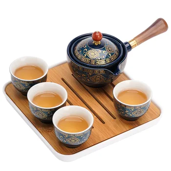 Порцеланов Китайски Чай Gongfu Преносим Чайник с Въртене на 360 Кана и на Чайника Преносим Всичко в едно Подарък пакет 5
