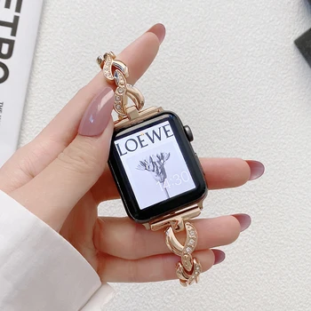 Жена гривна за Apple Watch Band 7 6 se 41 45 38 мм 42 мм, дамски луксозни бижута, метален кожена гривна за iWatch, диамант 40 мм 0