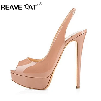 REAVE CAT/2019 г., дамски обувки-лодка на много висок ток с отворени пръсти, от лачена кожа, върху платформа на райета, пролетно-летни обувки, големи размери 45 46