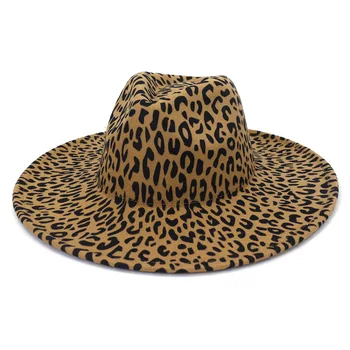 Фетровая шапка 9,5 см, с голяма периферия, нов леопардовый принт, двоен цилиндър с леопардовым принтом, шапка с плоска периферия, шапка за двойки, джаз шапка кепкаженская 1
