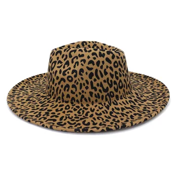 Фетровая шапка 9,5 см, с голяма периферия, нов леопардовый принт, двоен цилиндър с леопардовым принтом, шапка с плоска периферия, шапка за двойки, джаз шапка кепкаженская 3
