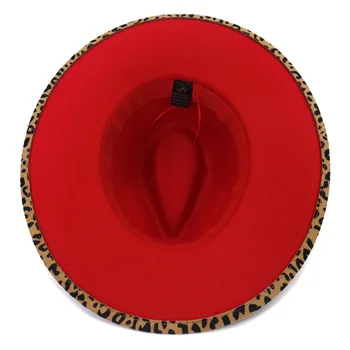 Фетровая шапка 9,5 см, с голяма периферия, нов леопардовый принт, двоен цилиндър с леопардовым принтом, шапка с плоска периферия, шапка за двойки, джаз шапка кепкаженская 4