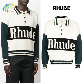 2022FW най-Доброто Качество на RHUDE Вязаный Пуловер За Мъже и Жени е 1: 1 Лого Жакард Свитшоты с Ревера Rhude Пуловер с цветни блокчета Вътре Тагове