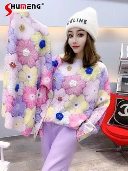 Европейски Моден Корейски стил 2021, Есенно-зимния Висококачествен Пуловер, Женски западен Шик-Пуловер с 3D Цветя, Без Вязаный Топ