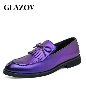Модерен мъжки модел обувки лилав цвят, в британския стил, големи размери 48, кожени обувки с остър бомбе, мъжки ежедневни обувки, без с ниски обувки, мъжки лоферы 0