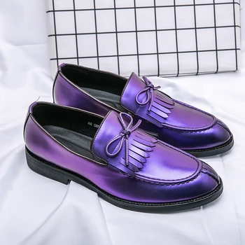 Модерен мъжки модел обувки лилав цвят, в британския стил, големи размери 48, кожени обувки с остър бомбе, мъжки ежедневни обувки, без с ниски обувки, мъжки лоферы 4