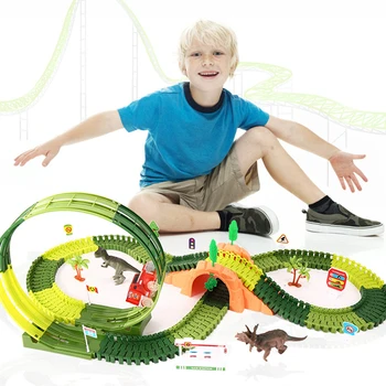 Направи си САМ Динозавър Жп Модел на Колата Играчка проблясък на Светлина Магически Писта на Състезателна Кола Комплект Забавни Играчки За Деца, Момчета Детски Подаръци