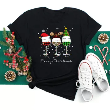 Весела Коледа, Шапка на Дядо Коледа, Три Момичета, Дамски тениски, Черна Коледна Тениска с Къс Ръкав, Модерен Женски Коледен Топ на Нова Година