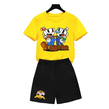 Детска забавна тениска Cuphead с анимационни принтом за момчета и момичета, Удобни блузи с къс ръкав, Детски Ежедневни облекла от 4 до 14 години