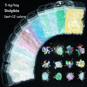 5-6 грама в опаковка # PD Холограма блясък за нокти, Люспи от 12 Цвята = Един Набор от Маникюрных Пайети Набор от Разноцветни Блестящи пайеток за Нокти 4
