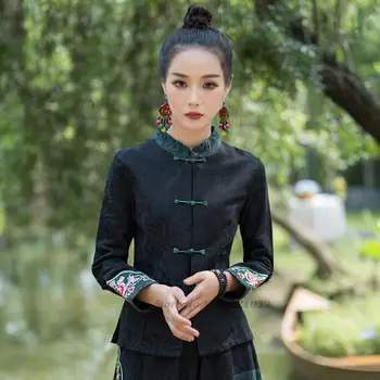 2022 реколта памучен бельо блуза с китайската национална бродерия на цветя, дамски ризи ципао, ориенталски чай костюм, палто ханьфу, костюм тан