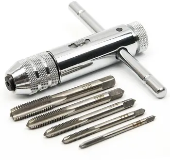 M3-M8 3 мм-8 мм Регулируема Сребърен Т-Образен Ключ с Механизма на палеца, Гаечен Ключ, с 5 бр. Машинна Резба, Metric вилица, Т-образен Кран, Инструменти 0