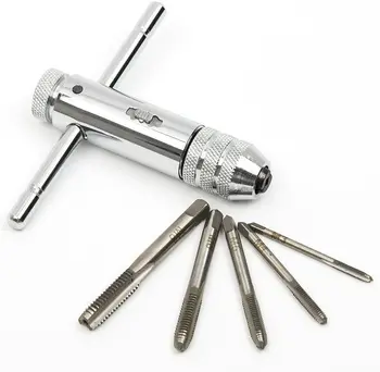 M3-M8 3 мм-8 мм Регулируема Сребърен Т-Образен Ключ с Механизма на палеца, Гаечен Ключ, с 5 бр. Машинна Резба, Metric вилица, Т-образен Кран, Инструменти 2