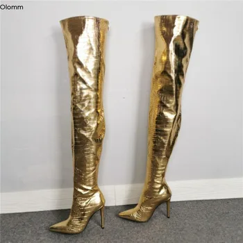 Olomm/Модни дамски ботуши до бедрата; ботуши на висок ток-висок ток с остър пръсти; супер секси дамски обувки за нощен клуб златист цвят; размер на 5-15 САЩ