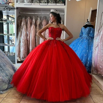 Буйни червени рокли във формата на Сърце с Аппликацией от Перли Дантела, Милото 16 Рокля Vestidos De 15 Años, Празнична Облекло за Рожден Ден на Принцеса