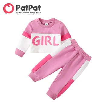 PatPat Комплект от 2 теми за малки момичета от 95% памук с дълги ръкави и Писмото Принтом, Укороченная hoody с цветни блокчета и панталони 0