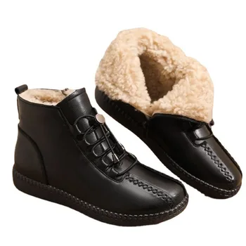 Зимни дамски кожени обувки, плюшен топло обувки, Дамски Ежедневни зимни обувки на равна подметка, Дамски топли памучни обувки с мека подметка, размер 35-42 WSH4316