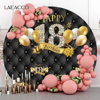 Laeacco Потребителски Черни Диамантени Балони Златен Блясък през Цялата 18th Плакат честит Рожден Ден на Кръг Фон Банер Фотосесия Декор 0