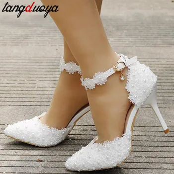 сватбени обувки за булката бели сватбени обувки дамски обувки-лодка на висок ток с каишка на щиколотке дамски обувки с кристали лейси обувки на висок ток #42 1