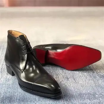 Мъжки ботильоны на червената подметка, бизнес обувки Челси с квадратни пръсти, дантела, мъжки Черни обувки, ръчно изработени, мъжки
