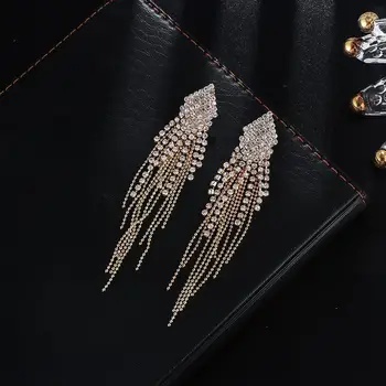 Модерни обеци ръчна изработка с дълги пискюли за жени, ефектни обеци с кристали, луксозни обеци с кристали, вечерни украса E658 1