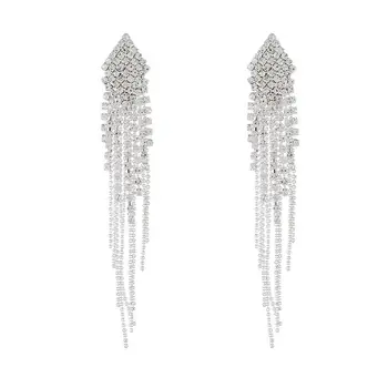 Модерни обеци ръчна изработка с дълги пискюли за жени, ефектни обеци с кристали, луксозни обеци с кристали, вечерни украса E658 4