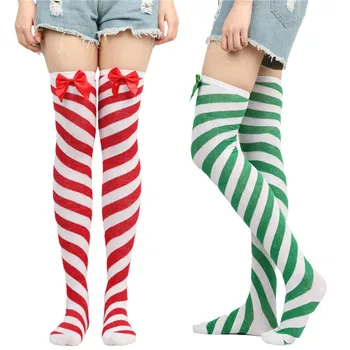 Дамски ежедневни Чорапи до коляното, Коледни Модерни Червени/зелени Дълги Чорапи с Лък в привлече диагонал Ивица, Коледни чорапи