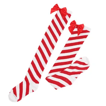 Дамски ежедневни Чорапи до коляното, Коледни Модерни Червени/зелени Дълги Чорапи с Лък в привлече диагонал Ивица, Коледни чорапи 1