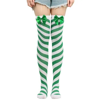 Дамски ежедневни Чорапи до коляното, Коледни Модерни Червени/зелени Дълги Чорапи с Лък в привлече диагонал Ивица, Коледни чорапи 5