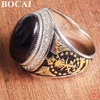 BOCAI S925 Сребро Чар Пръстен Мода Прост Прилив на Мъжете Черен Ахат Арогантен Чист Argentum Скъпоценен Камък Бижута За Ръце